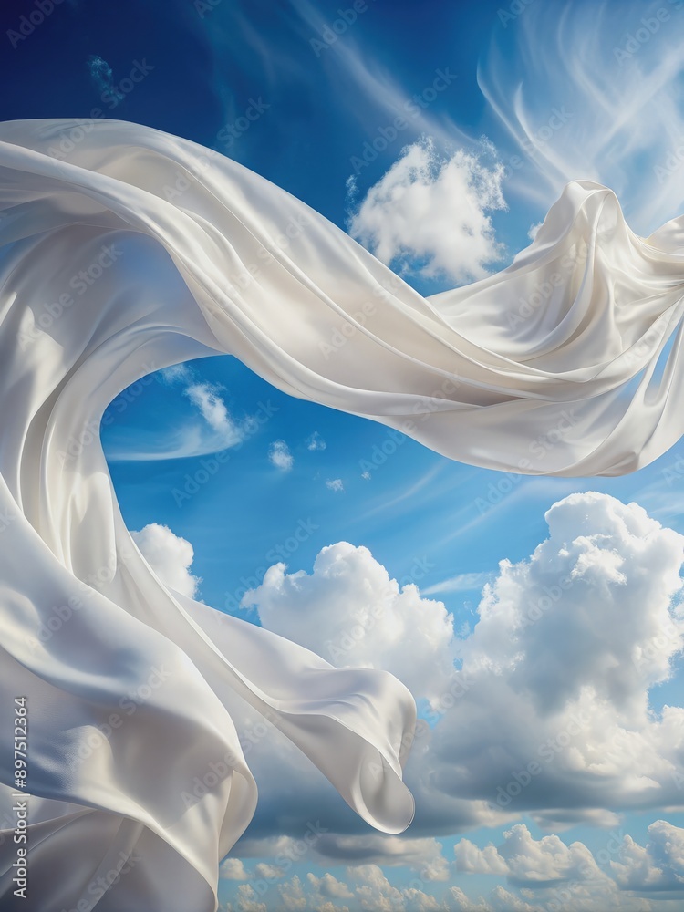 Wall mural White Silk Fabric Fluttering in a Blue Sky With Clouds. Generative AI