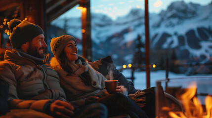 In a private ski lodge, a couple in elegant winter attire sips hot cocoa by the fireplace, overlooking a snowy mountain, rich tones highlighting an exclusive winter retreat.


