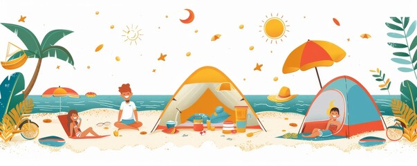 Illustration of a happy family camping on the beach with tents, umbrellas, and bright sunshine