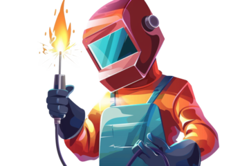 A welder in protective gear, holding a welding torch and helmet, white background.