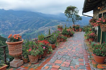 Scenic mountain terrace with colorful flowers and panoramic view, creating a serene and picturesque outdoor retreat.