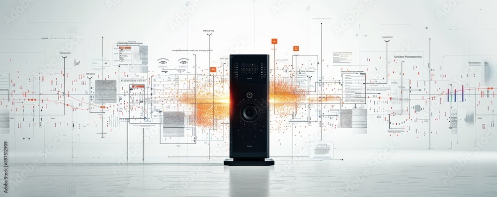 Poster high-tech server with data stream and digital interface elements