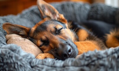 A dog is sleeping in a bed