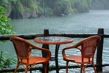 Fototapeta premium Cozy riverside cafe with wooden chairs and scenic view, creating a charming and inviting outdoor space.