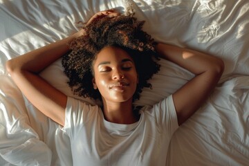 Fototapeta premium A young woman laying down, closed eyes, hand on head, bedroom setting