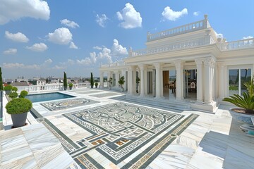 Obraz premium Grand hotel entrance with white columns and lush greenery, creating a luxurious and welcoming ambiance.