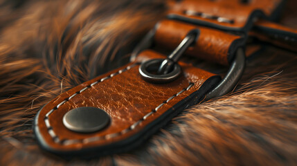 Close-up of a leather collar and fur showing intricate detail and texture. The image highlights the stitching, buckle, and metal ring on the brown leather, set against a luxurious fur background.