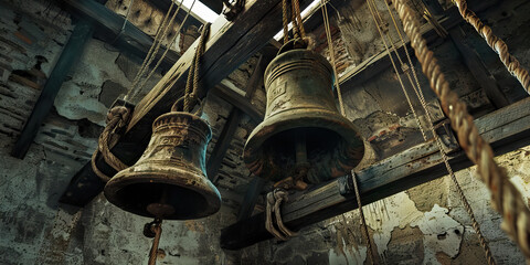 Belfry of Eternal Bells: An abandoned belfry, with dusty bell ropes and a lone bell suspended high above, beckoning for someone to give it voice again