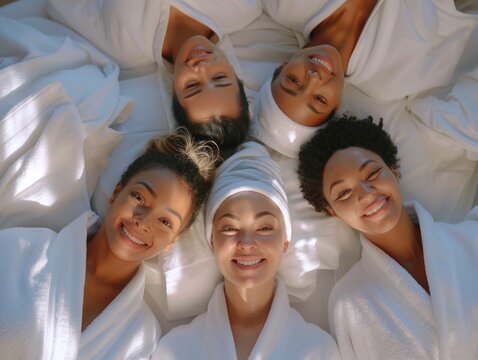 Friends enjoying spa day with facials and massages. Smiling and relaxed women in bathrobes.