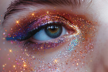 intense eye makeup with rich orange and purple glitter for dramatic and stylish beauty looks