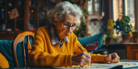 Obraz premium An elderly woman in glasses is engrossed in reading, sitting at her desk with an open book.