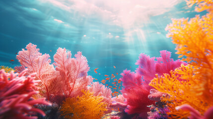 Naklejka premium Vivid sea fan corals in clear water, swaying softly, illustrating a serene underwater world.
