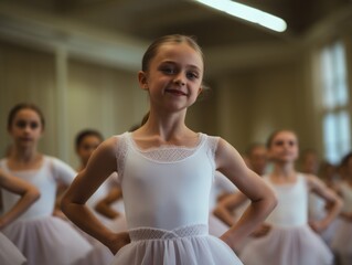 Naklejka premium A young ballerina in a studio, poised and focused on her dancing posture.