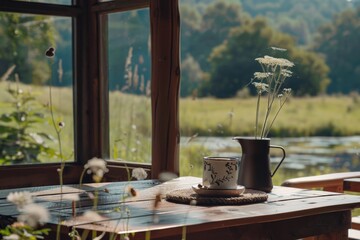 Idyllic cafe with outdoor seating overlooking a farm. Table set for two, complete with kettle and vase of flowers.