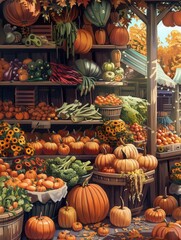 A vibrant farmers market stall overflowing with fall harvest bounty. Pumpkins, squash, apples, and other seasonal produce fill the shelves and baskets. Generative AI