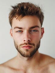 Obraz premium A man with beard and stubble looking ahead in a serious expression.