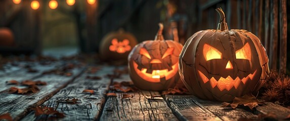 Three pumpkins with scary faces are on a wooden floor
