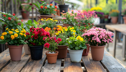 Many different potted flowers on wooden tables outdoors