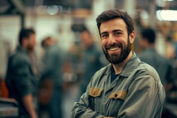 Obraz premium Portrait of a smiling male factory worker in a group of coworkers