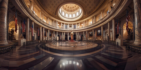 Fototapeta premium Rotunda of Democracy: A grand circular room, adorned with American flags and statues of Founding Fathers.