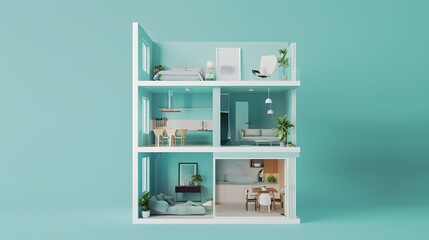 Minimalist Modern House Interior Design Model with Blue Background