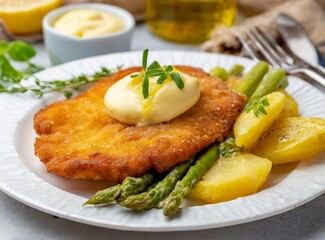 Breaded Fish Fillet W/ Asparagus - Gourmet Presentation - Closeup, Isolated On Table