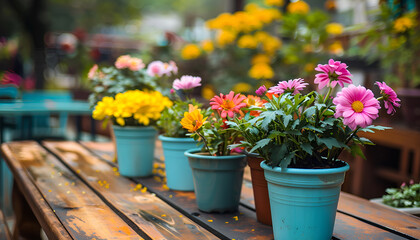 Many different potted flowers on wooden tables outdoors