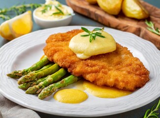 Breaded Fish Fillet W/ Asparagus - Gourmet Presentation - Closeup, Isolated On Table