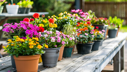 Many different potted flowers on wooden tables outdoors