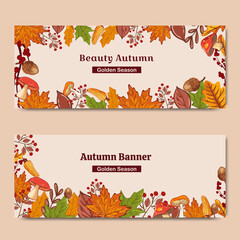 Abstract autumn horizontal banner with colorful leaves, mushrooms, acorns, berries and corn. Autumn fruits and harvest concept. Vector.