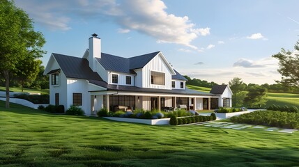 Obraz premium Modern Farmhouse with Lush Green Lawn and Rolling Hills