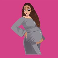 pregnant girl with beatiful hair in a gray dress holds her belly, pink background
