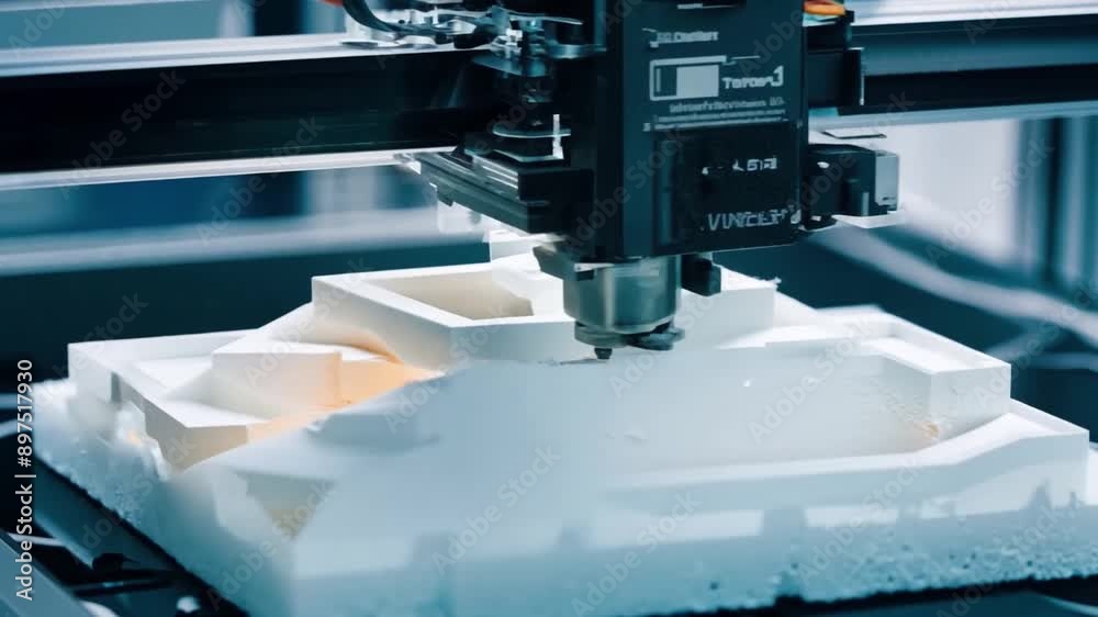 Aufkleber A 3D printer is in operation, creating a white model on a platform.