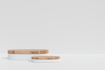 2step of Round wooden podium for food, products or cosmetics against bright brown background. 3d render