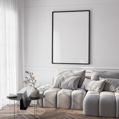 Frame mockup, ISO A paper size. Living room wall poster mockup. Interior mockup with house background. Modern interior design. 3D render
