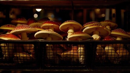   A group of mushrooms rests on a shelf in a room with a wicker basket in front of them
