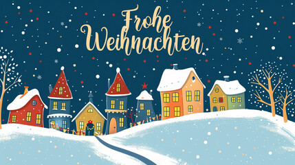 Naklejka premium Cute illustration, cozy winter village, handdrawn, Christmas greeting card, text 