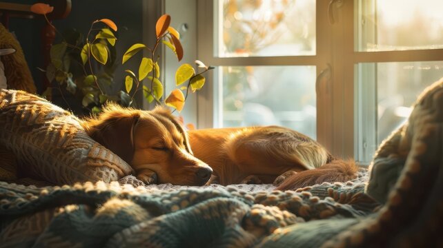 Tranquil image of a dog sleeping by a sunlit window, surrounded by cozy elements,