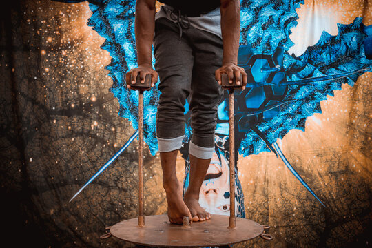 Sao Paulo, SP, Brazil - August 14 2020: Young man preparing for circus acrobat performance.
