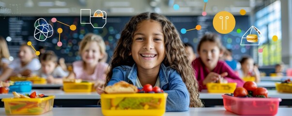 Smiling children enjoying healthy lunches in a classroom setting emphasizing nutritious food choices