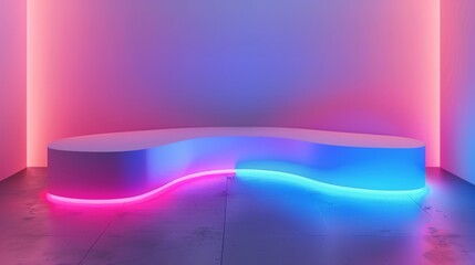 Futuristic neon lit podium platform for product presentation against abstract minimal studio background