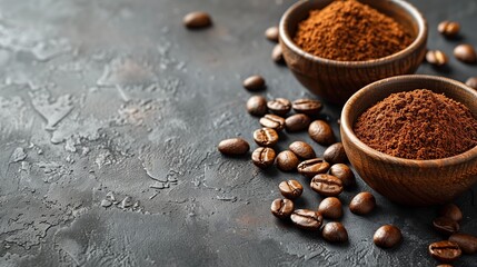 A close-up shot of roasted coffee beans and finely ground coffee displayed in rustic wooden bowls on a dark textured background. With copy space