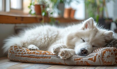 Fototapeta premium A white dog is sleeping on a bed with a blanket
