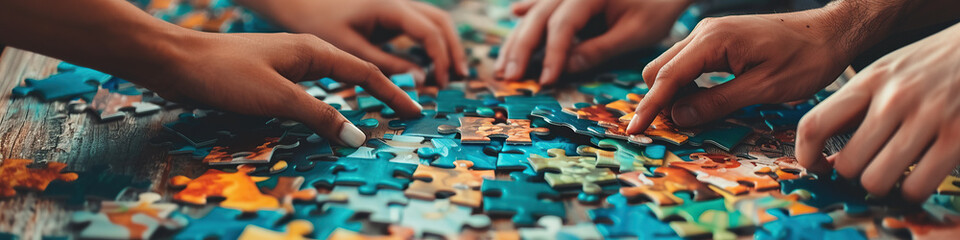 Fototapeta na wymiar Wiele rąk układa puzzle