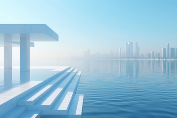 Modern buildings by the lake. The modern urban skyline is in the background.