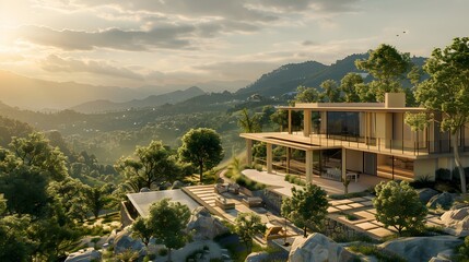 Modern Luxury Villa with Panoramic Mountain View at Sunset