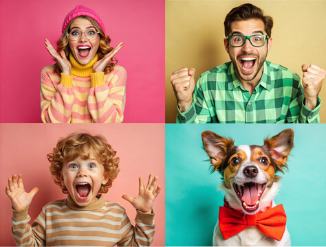 collection of excited people and pets – enthusiastic man, woman, child, and dog - Powered by Adobe