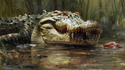 Obraz premium Crocodile head watching meat by riverbank