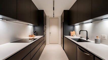 a stylish minimalist gallery style kitchen interior design