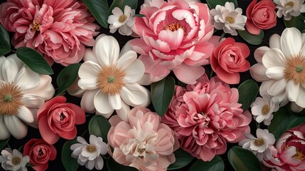 3D peonies and roses in full bloom with a dark background